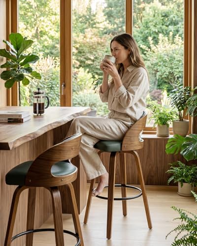 AQG Swivel Bar stools Set of 2 Bar Chairs 26" Counter Height Mid-Century Modern Bentwood Barstool PU Leather Upholstered Bar Chair with Back and Footrest, for Bar, Cafe, Dining, Kitchen Island, Green