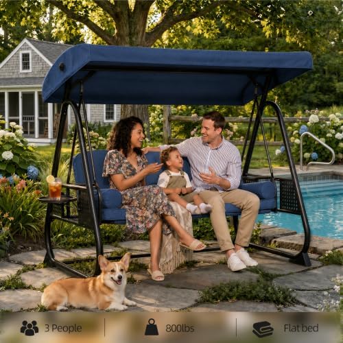 3 Seat Patio Swing Chair with Canopy,Outdoor Porch Swing with Thick Cushions,Adjustable Sunshade,Side Trays & Pillows,Heavy Duty Metal Frame for Patio,Garden,Backyard(Blue)