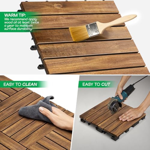 IDZO Interlocking Acacia Deck Tiles 9.6 SQFT, 10PCS, Golden, Stripe