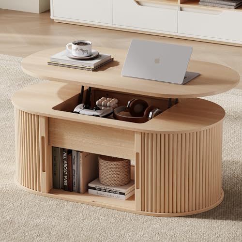LINSY Lift Top Coffee Table, Oval Fluted Coffee Table with Storage, Boho Wooden Coffee Tables with Sliding Tambour Door, 39" Center Table for Living Room, Office, Small Space, Natural Oak