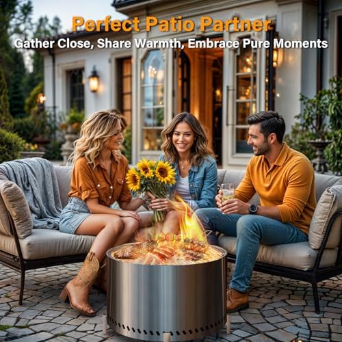 HGD 27.5" Smokeless Fire Pit with Stand & Grill Rack, Large Stainless Steel Wood Burning Firepit with Secondary Combustion, Backyard Patio Stove for Outdoor, Garden, BBQ & Bonfire (Silver)