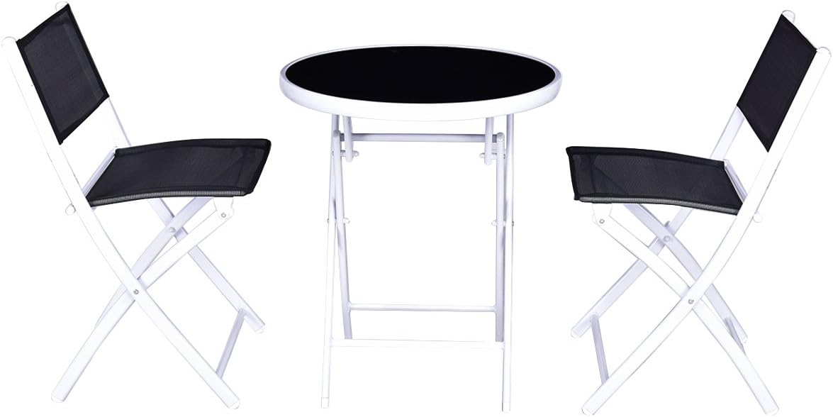 Giantex Bistro Table Set, 3 Piece Patio Bistro Set, Outdoor Folding Table and Chairs, Foldable Patio Dining Set, Porch Furniture Set Garden Backyard Metal Frame No Assembly, Black