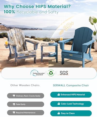 SERWALL Folding Adirondack Chair Set of 2 with Cup Holder for Fire Pit-Blue