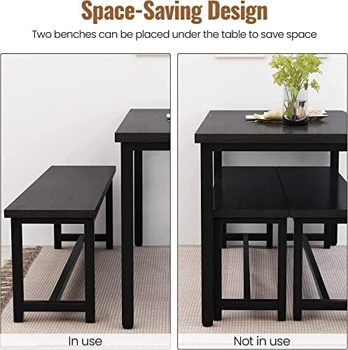 Dining Room Table Set with 2 Benches, Farmhouse Dining Table Set for 4-6, Wood Breakfast Table Set Dinner Table Set Kitchen Table and Chairs for Breakfast Nook Small Spaces, Black