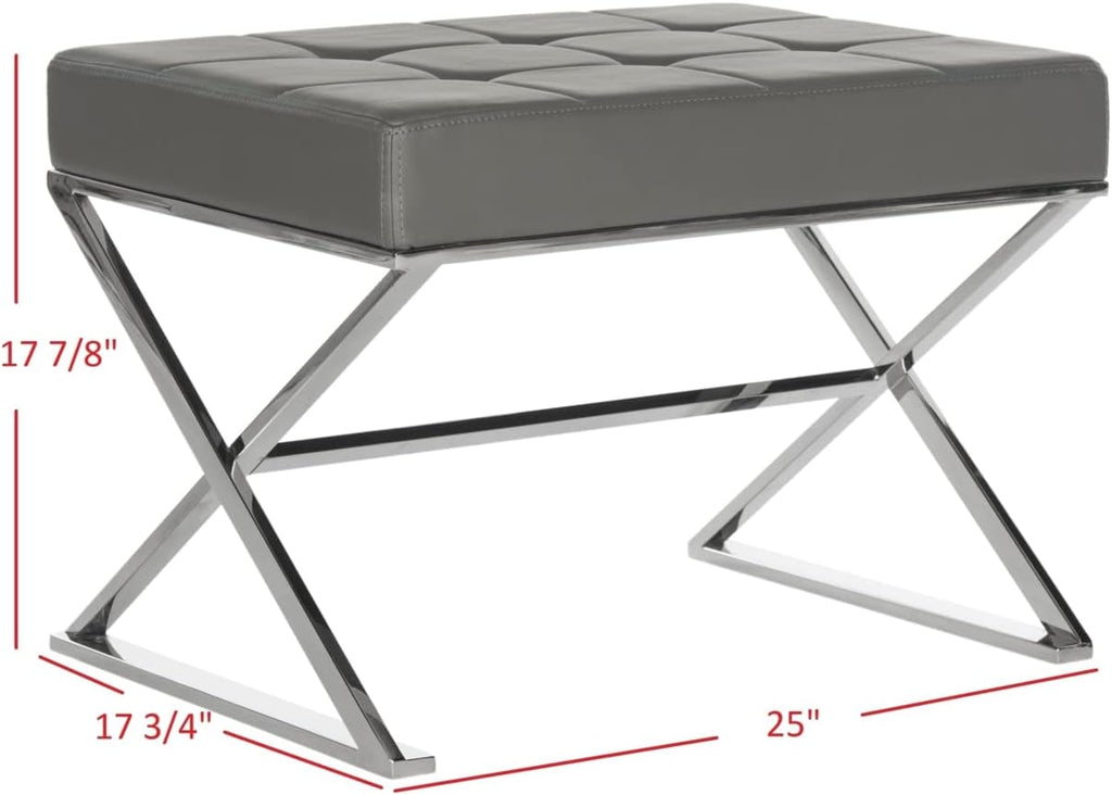 Safavieh Home Collection Micha Modern Glam Cream Tufted and Silver Steel Ottoman