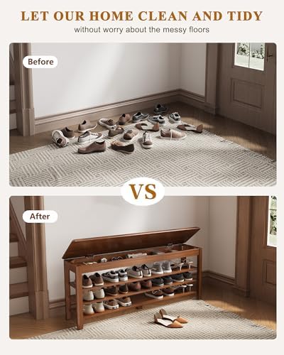 IUNVR Shoe Rack Bench Seat Rubberwood 3-Tier Wooden Storage Bench 550lbs Compact Mid-Century Modern Design for Entryway, Hallway, Closet, Front Door Entrance, Foyer