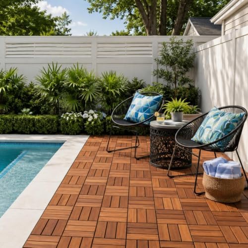 THYOI Acacia Wood Interlocking Deck Tiles (12" x 12"), Deck Flooring Outdoor Waterproof All Weather, Tiles for Patio, decking Tiles for Indoor and Outdoor use (Dark Brown 12S, 30 Pcs - 30 Square ft)