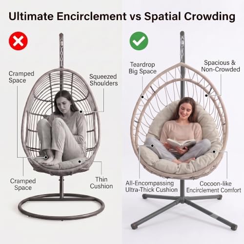 Upgraded Core-Spun Polyester Rope Hanging Egg Chair w/Stand, Foldable Swing Seat, 350LBS, No PE Rattan Shedding, Weatherproof, Never Fray, Full Surround Cushion for Patio Balcony. (Grey Cushion)
