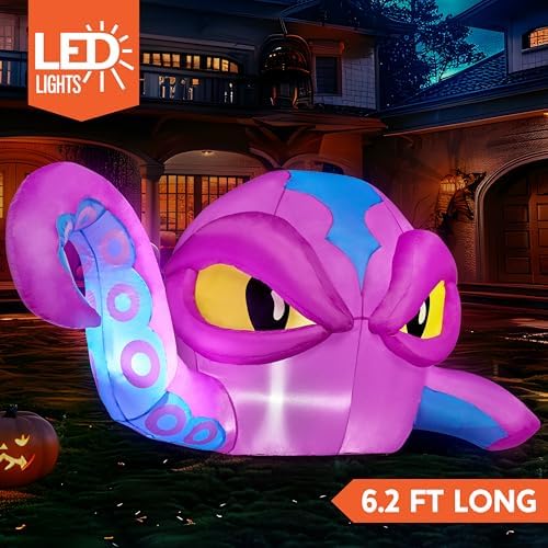 Joiedomi 4 FT Tall Halloween Inflatable Purple Octopus Head with Tentacles Broke Out from Window with Built-in LEDs Blow Up for Halloween Window Decor, Outdoor Yard Garden Lawn Party Decoration