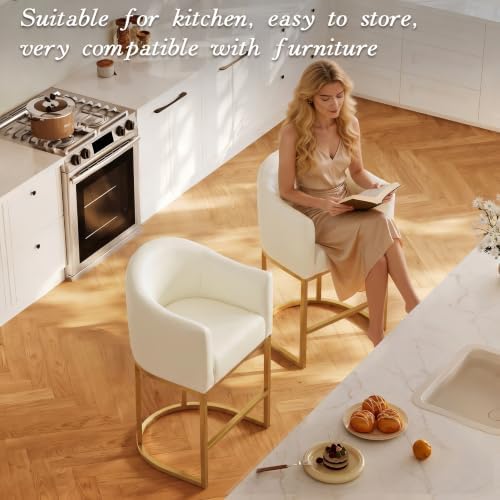 Modern Counter Height Bar Stools Set of 2 with Arms,White Leather