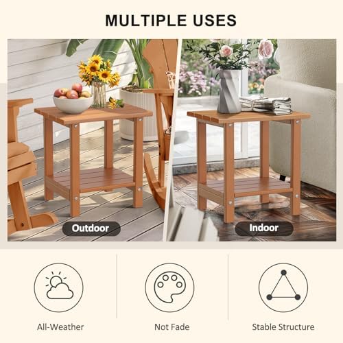 Adirondack Outdoor Side Table, 16.6" Small Patio End Table, 2-Tier HDPE Plastic Table for Poolside Porch Garden, Weather Resistant & Easy Assembly (Teak, Rectangle)
