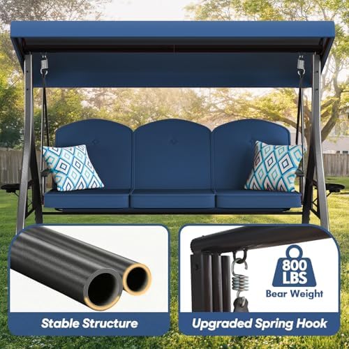 ZZW 3 Seat Outdoor Porch Patio Swing with Stand 800lbs 2-in-1 Convertible Swing Bed with Adjustable Canopy & Removable Cushion for Yard Garden Deck (Blue, Square Tube)