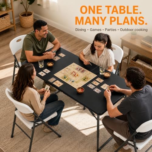 4FT Folding Table 3 Levels Adjustable Height, Heavy Duty Fold-in-Half Portable Table, 400 lbs Capacity Foldable Table for Party Dining Camping Events Picnic Outdoor Indoor Use