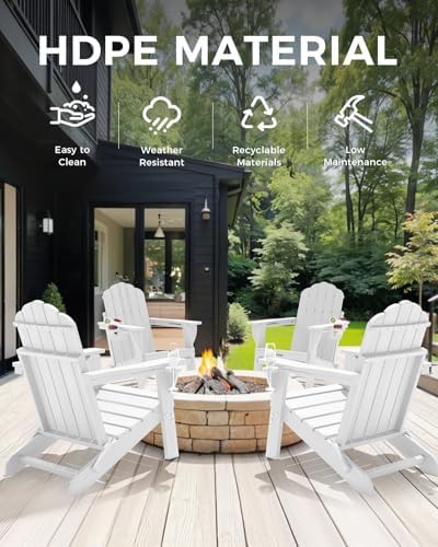Folding Adirondack Chair, All-Weather HDPE Patio Chair with 2 Cup Holders