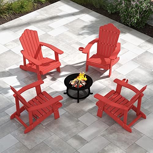 Tangkula Oversized Adirondack Chair, Patio Lounge Chairs w/Adjustable Cup Holder, HIPS Armchairs Slatted Chair, Outdoor Weather Resistant Fire Pit Chair for Deck Backyard Garden Porch (1, Red)