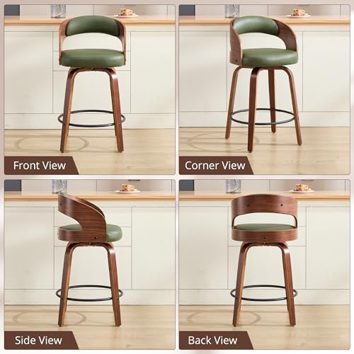 Swivel Bar Stools Set of 2,26" Faux Leather Upholstered Counter Height Barstools with Back,Mid-Century Modern Bar Chairs with Bentwood Legs and Footrest for Kitchen Island Bar Counter Green