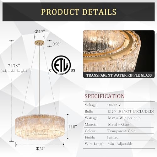CATINER Modern 24" Crystal Glass Chandelier 10-Light Gold Chandeliers