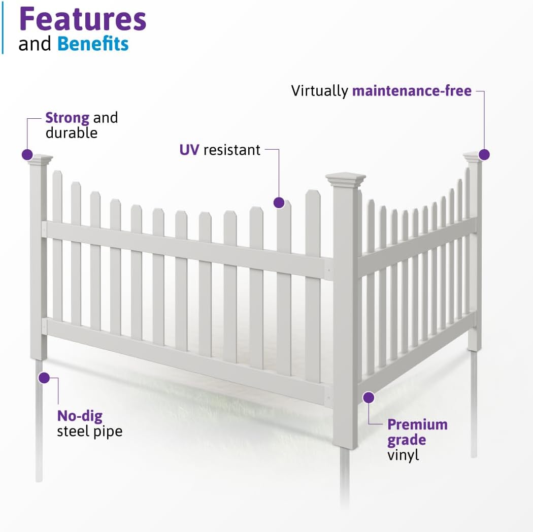 WamBam All American Scalloped Picket Fence, White Vinyl DIY No Dig Kit
