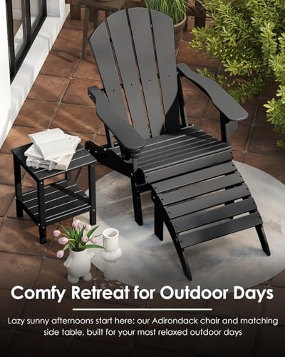 GREENVINES Folding Adirondack Chairs Set of 2 w/Cup Holder, HDPE, Black