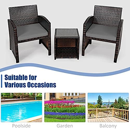Tangkula 3-Piece Outdoor Furniture Set, Patio Wicker Conversation Set, Grey