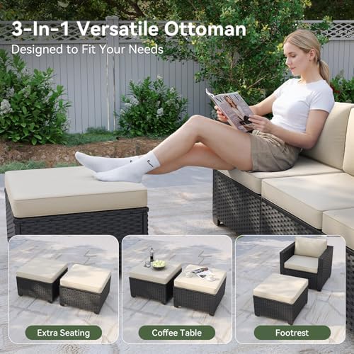 Aoxun Patio Furniture Set with Fire Pit Table, 6 Piece Outdoor Furniture Set with Wicker Ottomans, Rattan Outdoor Patio Sectional Sofas with Thickened Cushion & Waterproof Cover Beige