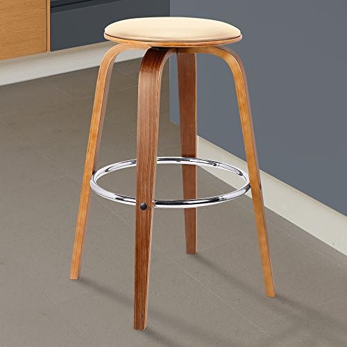 Armen Living Harbor Mid Century Modern 26" Seat Height Backless Swivel Cream Faux Leather and Walnut Wood Bar Stool for Kitchen Island Counter