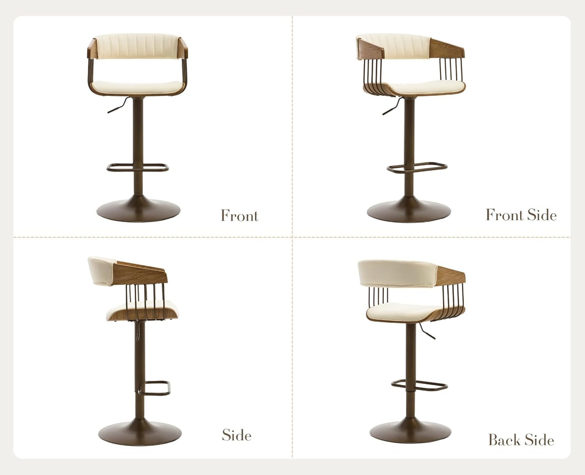CIMOTA Swivel Adjustable Bar Stools Set of 2, Mid-Century Modern Counter Stools Bar Chairs with Barrel Wood Back and Arms for Bar/Kitchen Island/Dining, 25-32.5 Inch Seat Height, PU Leather White