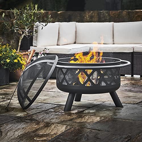 Teamson Home Large 76cm Garden Round Wood Burning Fire Pit, Outdoor Furniture Chimnea, Firepit Heater, Metal Log Burner Fire Bowl with Lid & Poker
