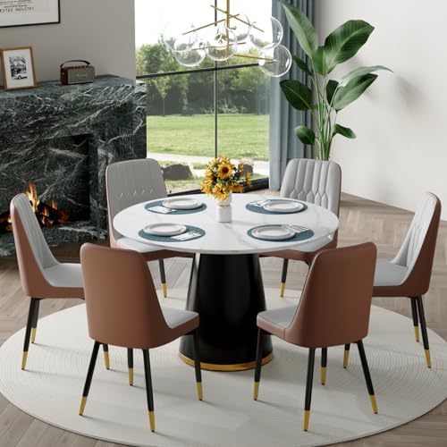 Round Dining Table Set for 6, Modern Round Dining Table Small 45 Inch Dinner Table Wood Round Tables for Living Room, Space Saving, Easy Assembly
