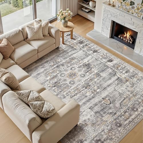 Vintage Washable 5x7 Area Rug, Non-Slip Indoor Carpet, Grey