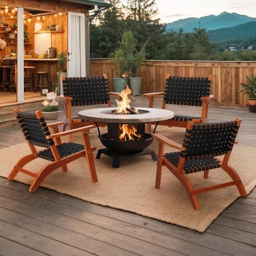 VINGLI Outdoor Armchair, Wooden Adirondack Chair All-Weather Wooden Patio Chair with Waterproof PE Woven Fabric, Porch Chair for Garden, Lawn and Poolside (2, Black and Brown)