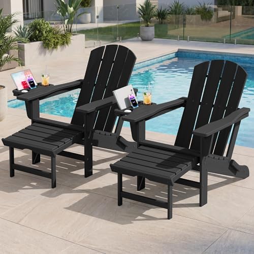 KINGYES Adjustable Folding Adirondack Chair with Footrest & 4-in-1 Multi-Functional Armrest Organizer Set of 2, HDPE Foldable Recliner Adirondack Chair with Pull-Out Ottoman, Black
