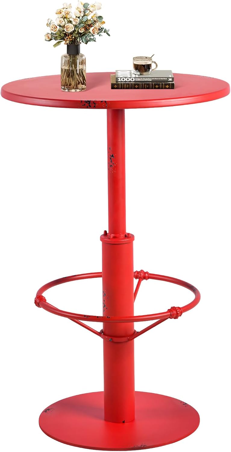Industrial Pub Table 23.6" Iron Round Desktop 37.4" Height Cast Iron Bar Table Antique Red