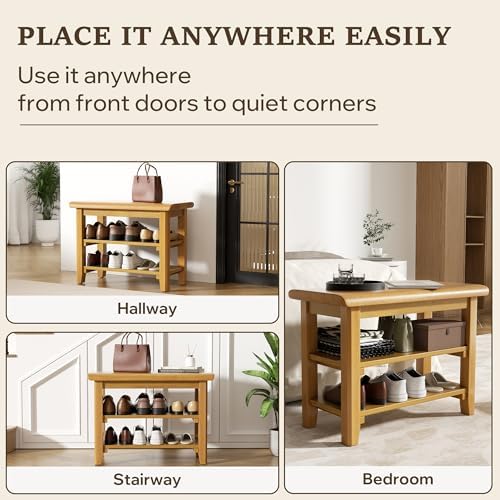 Shoe Rack Bench Mid Century Modern 2-Tier Shoe Rack Organizer for Entryway Hallway or Living Room Farmhouse Rustic Wooden Seat Bench Natural 11.8" Dx31.5 Wx16.5 H