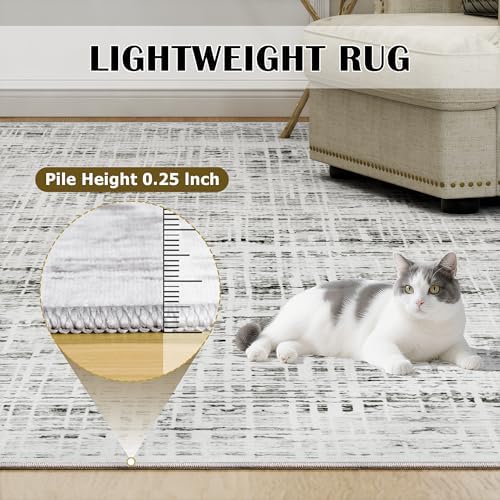 8x10 Washable Area Rug for Living Room Bedroom: Non-Slip Modern White Gray