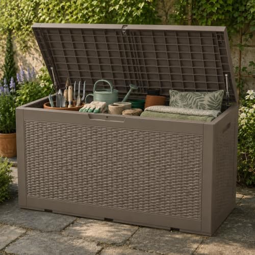 Outdoor Storage Box Resin Deck Box Waterproof BrownWicker 126 Gallon