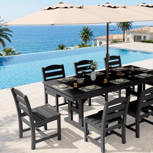 KINGYES Outdoor Dining Set,84'' Table w/Umbrella Hole & Armless Chairs,Grey