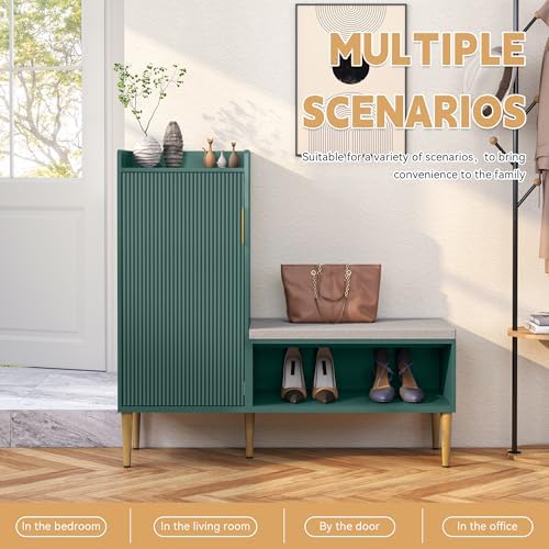 Storage Bench with Fluted Door&Shelf, L-Shaped Entryway Bench