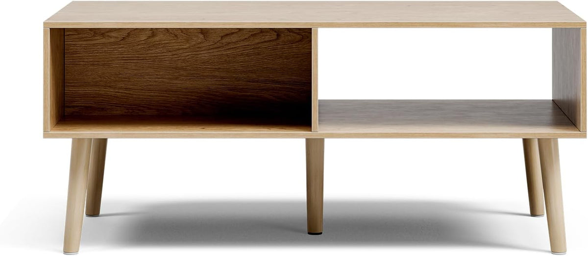 LCRBOL Coffee Table with Fluted Drawer, Modern, Oak