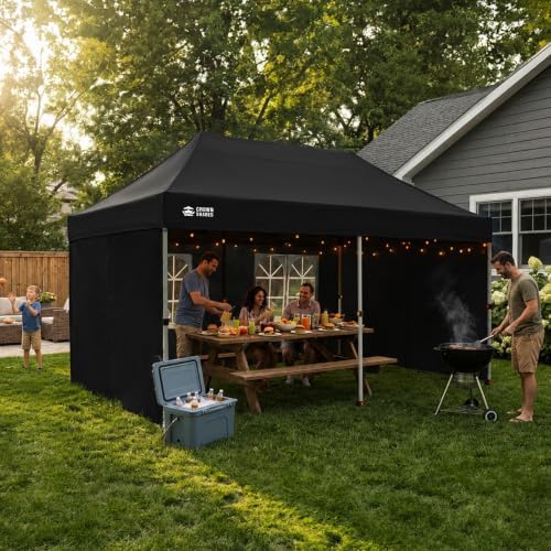 CROWN SHADES 10X15 Pop Up Canopy Tent with Sidewalls, Instant Setup, Black