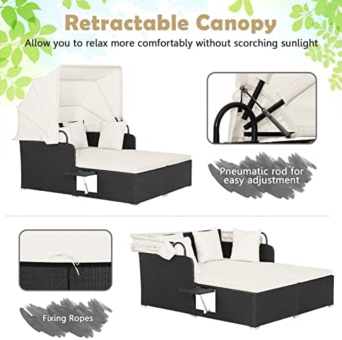 Tangkula Patio Rattan Daybed with Retractable Canopy, Outdoor Wicker Sunbed Lounger with 2 Foldable Side Tables, Thick Seat & Back Cushions, Double Daybed for Garden, Backyard, Porch (Off White)