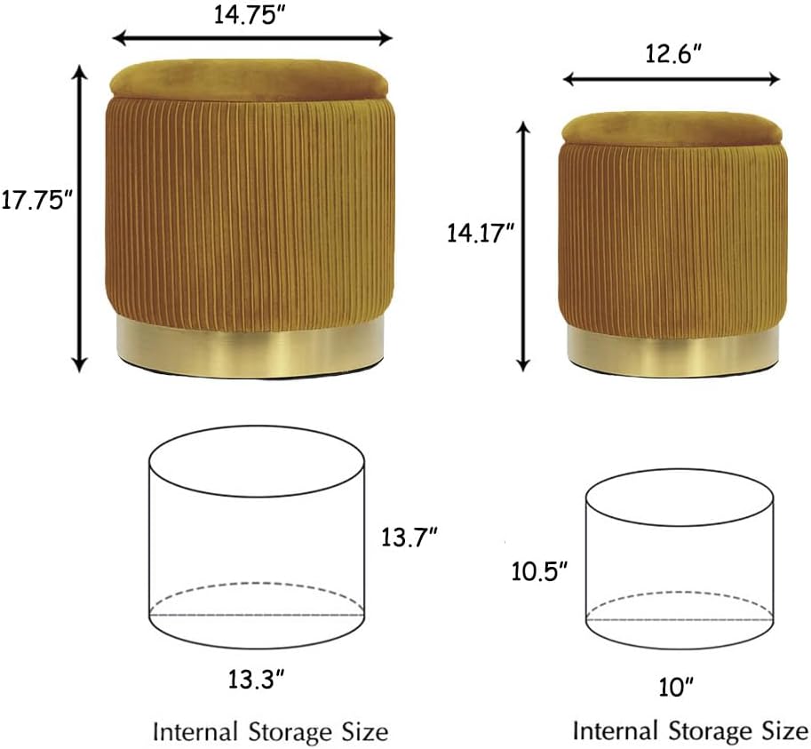 YYW HOME Round Ottoman with Storage Set of 2, Yellow Velvet Vanity Stool