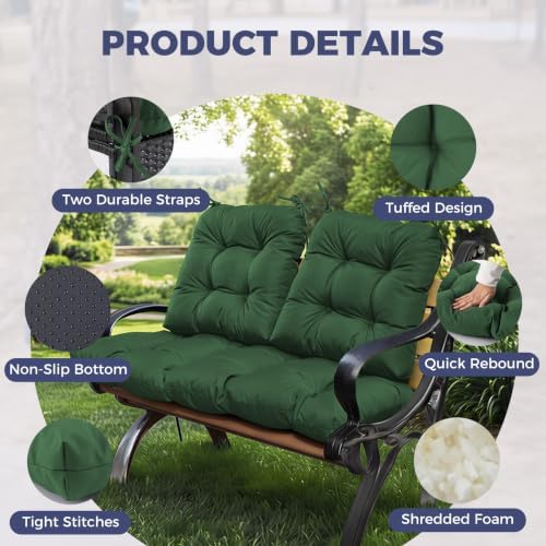 Wicker Chair Cushions of 3 Pieces, Waterproof Cushions for Patio Furniture, Tufted Wicker Outdoor Furniture Cushions, 1 Patio Loveseat Cushion and 2 U-Shaped Cushions, 44"x19"x5", Dark Green