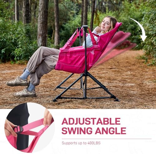 EVER ADVANCED Padded Oversized Hammock Camping Chair, Compact Heavy Duty Swing Chair with Multi-Storage Pockets, Portable Folding Rocking Camping Chair, Support Up to 400lbs, Pink