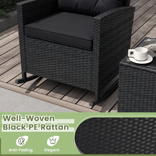 ORALNER 3 Pieces Patio Rocking Chair, Black Wicker Bistro Set (Black)