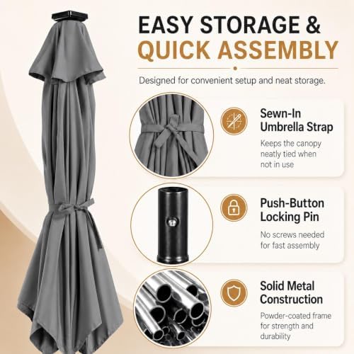 Yaheetech 9FT Solar Patio Umbrella w/Push Button Tilt & Crank, Gray
