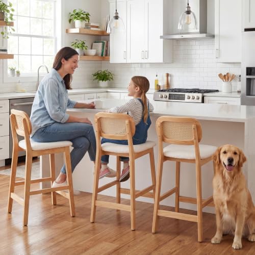 Shunzhi Rattan Bar Stools Set of 3, Upholstered Farmhouse Barstools with Woven Back, Boho Wood Kitchen Island Chairs, Comfy Counter Height Bar Chairs for Pub/Home Bar, Cream Faux Fur