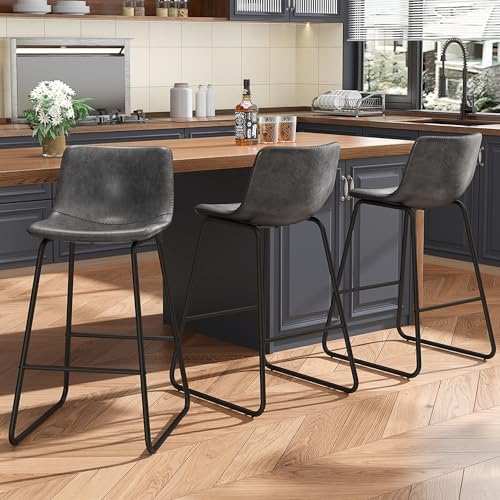REONEY Bar Stools Set of 2, 26" Urban Faux Leather Counter Stools, Grey