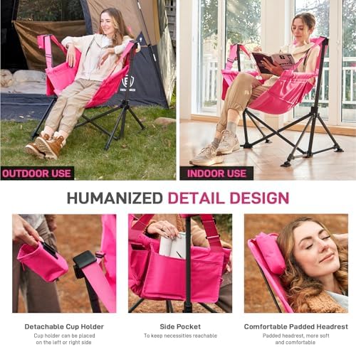 EVER ADVANCED Padded Oversized Hammock Camping Chair, Compact Heavy Duty Swing Chair with Multi-Storage Pockets, Portable Folding Rocking Camping Chair, Support Up to 400lbs, Pink