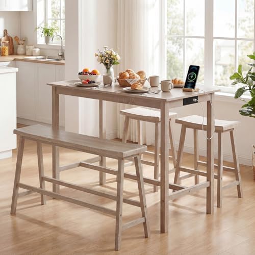 GIANTEX 4-Piece Counter Height Dining Table Set with Power Outlet, Solid Rubber Wood Kitchen Table with Saddle Backless Bench & 2 Stools, Space-Saving Bar Table Set for Breakfast Nook (Light Gray)